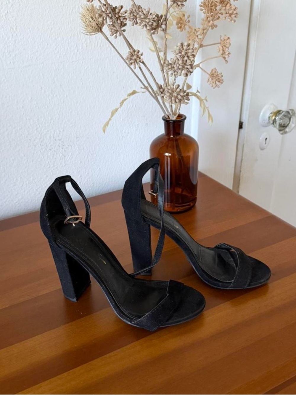 Lulu’s black suede heels with adjustable ankle strap